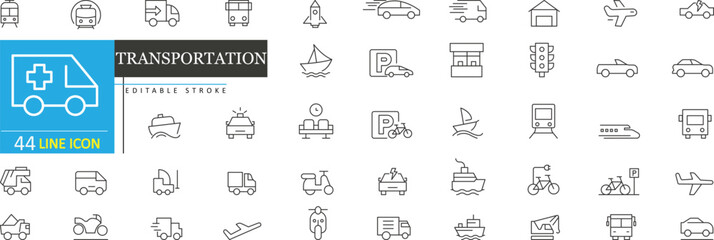 Transportation Line Icons Set. Vehicles, Travel, Logistics, Traffic & Public Transport Editable Stroke