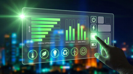 Smart energy management interface showing solar efficiency and electricity usage on digital control panel.