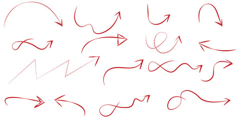Hand drawn arrow set with red crayon texture - curved and straight, Marker pen pointer icons, Curvy directional symbols.