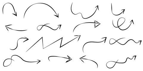 Hand drawn arrow set with crayon texture - curved and straight, Marker pen pointer icons, Curvy directional symbols.