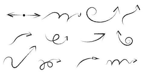 Hand drawn arrow set with crayon texture - curved and straight, Marker pen pointer icons, Curvy directional symbols.