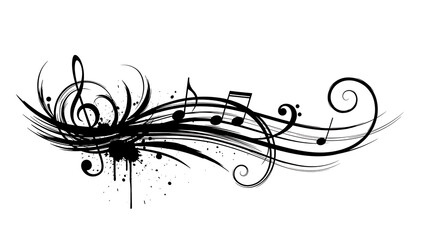 Minimalist music notes wave with treble clef and black ink splatter