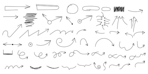 Hand drawn arrow set with crayon texture - curved and straight, Marker pen pointer icons, Curvy directional symbols.