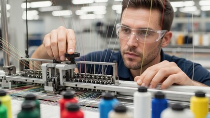 Skilled worker adjusting industrial weaving machine in textile factory. Man operating loom with colorful threads for fabric manufacturing