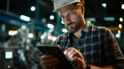 Faceless worker in safety helmet reviewing data on tablet, industrial setting, modern technology in manufacturing, digital facility management, with copy space