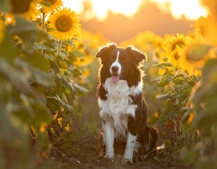 Border Collie in Sunflower Field at Sunset - A Golden Moment.