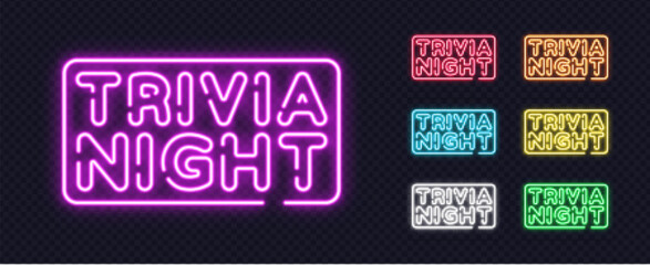 A multicolor set of neon trivia night signs glows with strong light and brings a curious mood. Smooth shapes and bright tones give the design a stylish touch.