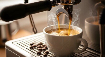 Freshly made coffee pouring from chrome portafilter espresso machine into white mug on metal grate next to pile of roasted coffee beans at kitchen counter in cafe