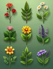 Botanical Variety - A Collection of Colorful Flowers and Green Leaves.