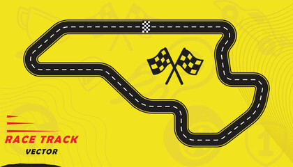 Creative vector illusion of race track isolated on yellow background. Speed race track design with creative icons.