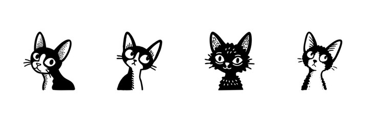 Four Cat Faces In Hand Drawn Style Set. Playful And Curious Feline Expressions Doodle Sketch Collection. Whimsical Pet Illustrations. Isolated Vector Illustration