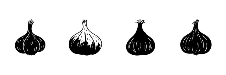 Garlic Bulbs In Hand Drawn Style Set. Culinary Ingredient, Flavor Enhancement, Natural Remedy Doodle Sketch Collection. Organic Cooking Element. Isolated Vector Illustration