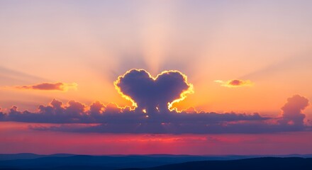 Heart-shaped clouds at sunset with vibrant colors and sun rays