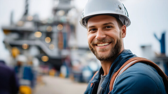 Faceless smiling worker in safety gear near offshore oil rig, dedication and professionalism in energy sector, maritime industrial work, with copy space