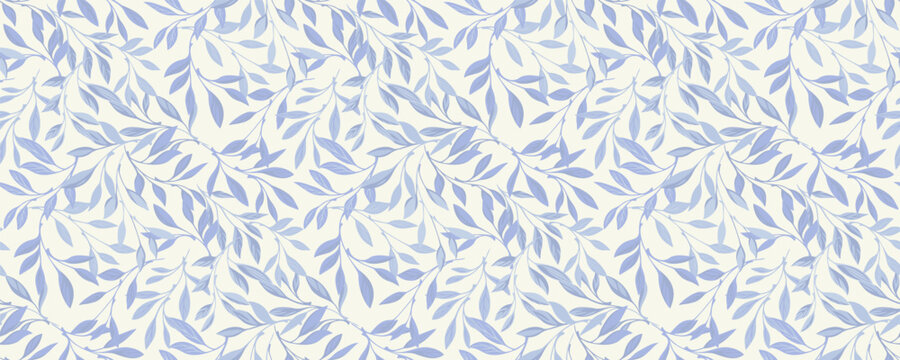 Seamless vector pattern with soft blue leafy branches on light background. Elegant botanical foliage design for textiles, wallpapers, fabric, wrapping paper and modern decor art.