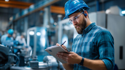 Faceless engineer inspecting machinery, dedication and teamwork in high-tech environment, collaborative facility work, professional inspection scene, with copy space