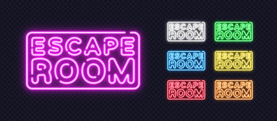 Glowing neon Escape Room signs in various vibrant colors on a transparent background. Ideal for announcements, upcoming events, and modern digital promotions.