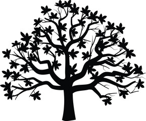 Obraz premium An old wood trunk with growth branches and black bird silhouettes creates a floral nature design featuring leaf and flower art in this vector tree illustration for summer and autumn seasons