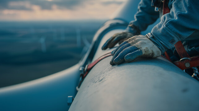Technician servicing wind turbine tower at height.