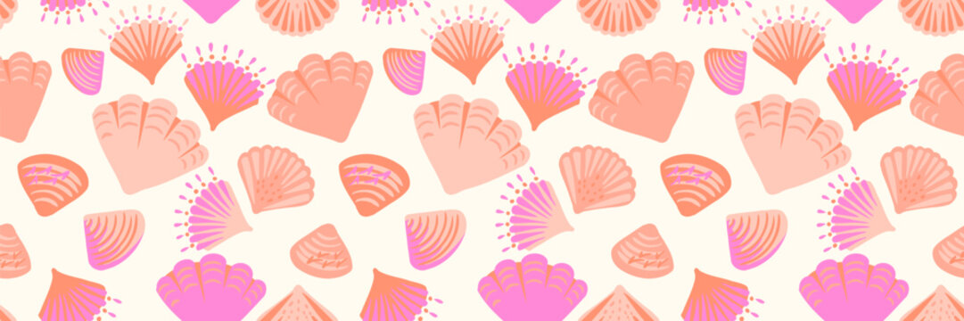 Seamless vector pattern with pastel seashells on light background. Cute marine design in soft pink and peach colors, playful ocean texture for fabric, wallpaper, wrapping paper