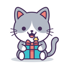 Adorable Cartoon Cat with Gift Box Illustration