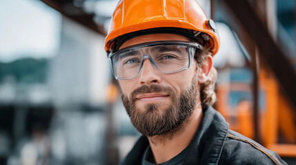 Faceless focused worker in safety gear with orange hard hat and protective eyewear, industrial setting, safety and professionalism emphasis, with copy space