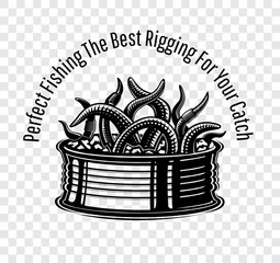 Can with worms fishing rig. Monochrome vector illustration in engraving style