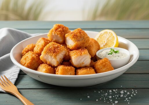 Dutch fried fish kibbeling chunks with ravigote sauce and lemon in white bowl on table