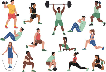 Diverse people performing strength training exercises including weightlifting lunges squats and jumping rope in flat vector illustration style,