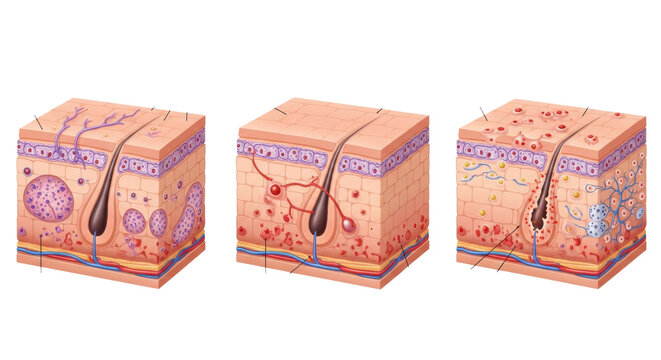 three hyper-accurate 3d vector illustrations of human skin cross-sections depicting psoriasis, cystic acne, and eczema pathology on a white background. concept for professional dermatology textbook