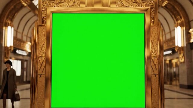 Luxurious Art Deco Interior Featuring an Ornate Golden Frame Displaying a Vibrant Green Screen, Perfect for Customizable Digital Content and Advertising