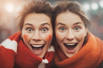 Two excited young women smiling with open mouths, wearing warm winter scarves, one with face paint, looking directly at camera