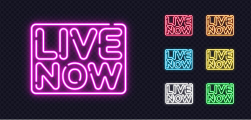 Collection of glowing LIVE NOW neon signs, perfect for streaming banners, live updates or digital announcements.