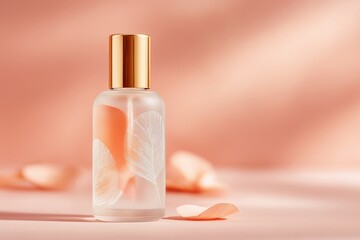 Frosted cosmetic bottle with golden cap and elegant leaf design, placed on soft peach background with delicate rose petal. Ideal for beauty, skincare, or fragrance product