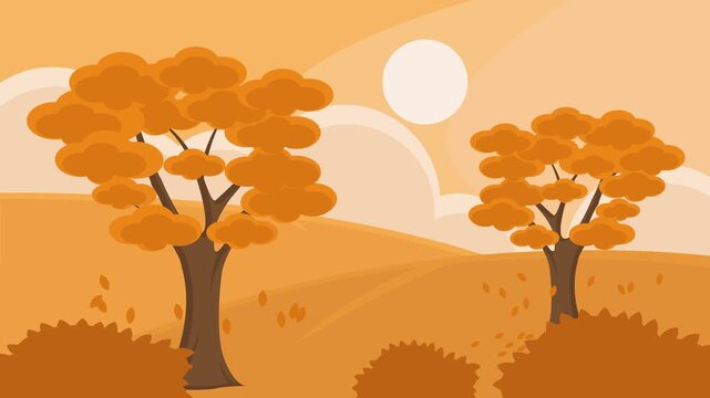 serene autumn landscaped cartoon animation backgrounds video . Fall Season Orange Trees Falling Leaves Sunny Scenery for Season concept animated footage motion graphic illustration design