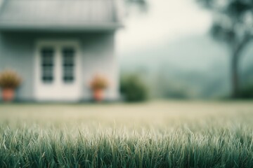 Fresh green grass in foreground with blurred background with small country house, potted plants, and misty distant trees