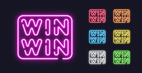 Set of glowing WIN WIN neon signs in different vibrant colors, ideal for business success, motivation or team spirit concepts.