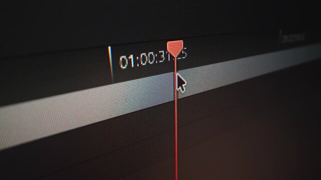 Close up macro capture of a computer monitor showing a video editing timeline as the mouse drags the red playhead along the timecode bar during color grading in a professional non linear editor