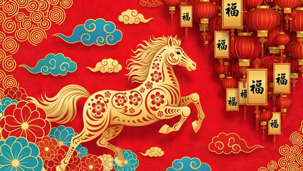 Fototapeta premium Golden Horse with Red Patterns.