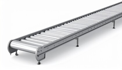   
Roller conveyor system with evenly spaced cylindrical rollers in metal frame