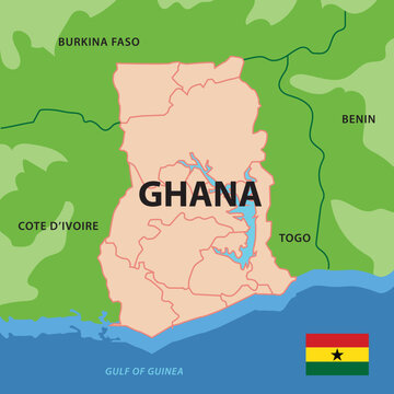 Map of Ghana with country borders and flag, African geography