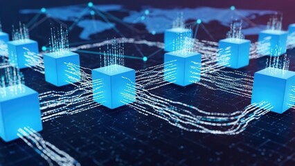 Abstract visualization of a global digital network with interconnected glowing blue data blocks representing blockchain technology or distributed systems.