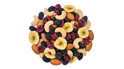 Dried Fruits and Nuts Mix With Raisins Banana Slices Cashews and Almonds in Circular Pile.png