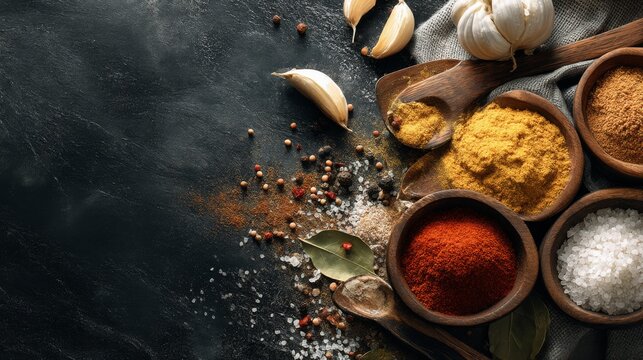 Vibrant Assortment of Spices and Herbs on a Dark Background, Including Garlic Cloves, Wooden Spoons, and Bowls of Flavorful Seasonings - Powered by Adobe