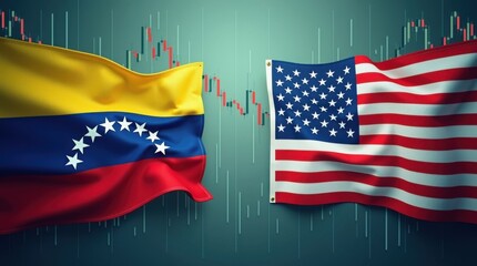 Fondo de gráfico del mercado financiero con una destacada bandera venezolana a la izquierda y una bandera de los Estados Unidos a la derecha