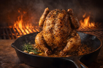 Perfectly roasted chicken in a cast iron skillet with fiery background showcasing bold flavors rustic cooking and dramatic presentation