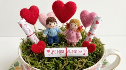 Valentine's day celebration with adorable handmade dolls and heart decorations in a cozy arrangement crafting inspiration whimsical setting creative viewpoint