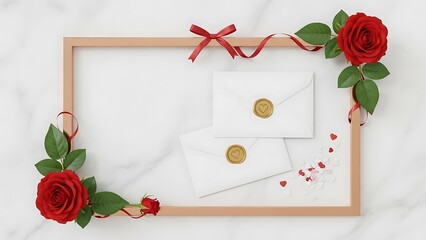 Romantic Valentine's Day frame with red roses and love letters
