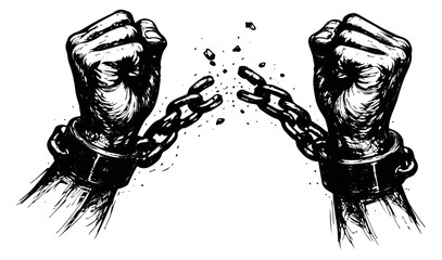 Hand drawn illustration of fists breaking chains depicting freedom for human rights