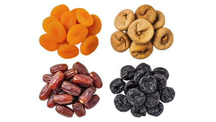 Obraz premium Dried Fruits Variety Apricots Figs Dates Prunes Top View Isolated on White Background.png